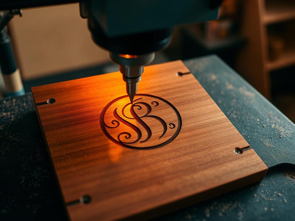 Laser engraver etching a monogram into a wooden plaque